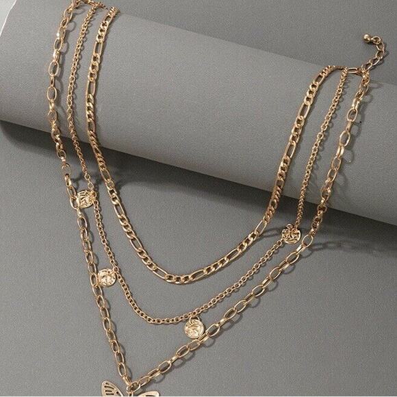 Multilayer Butterfly Charms Chunky 3-Layered Alloy Gold Chain Necklace For Women - Picture 4 of 4
